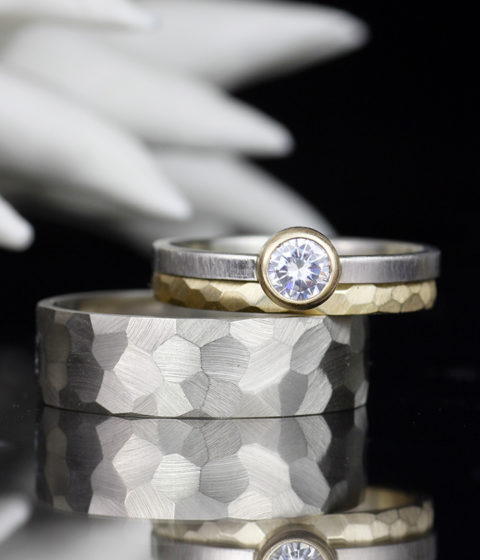 his hers theirs mm moissanite yellow white gold three ring set