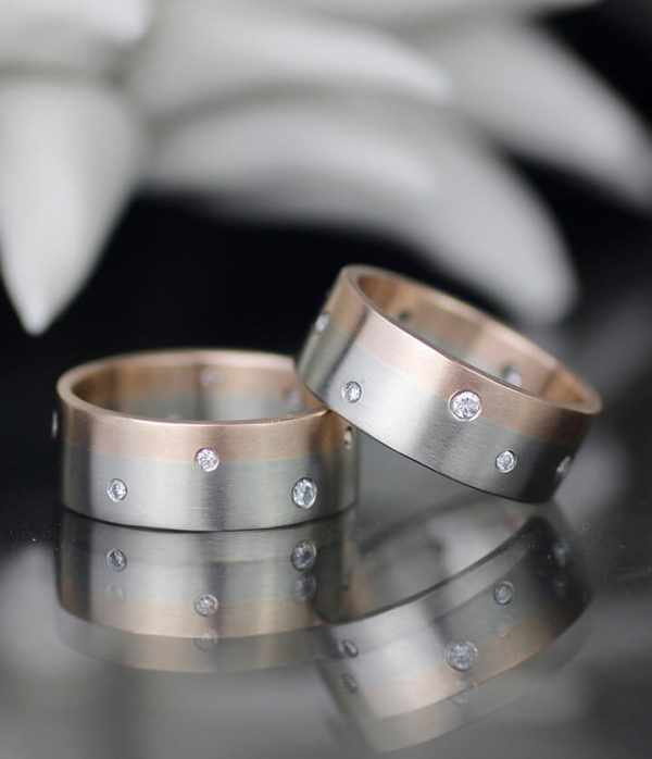 rose and white gold fusion band with diamonds