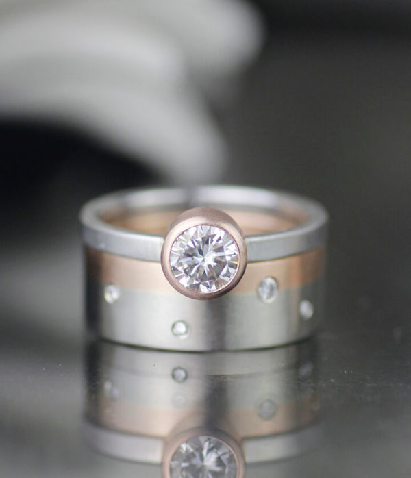 rose and white gold fusion band with solitaire