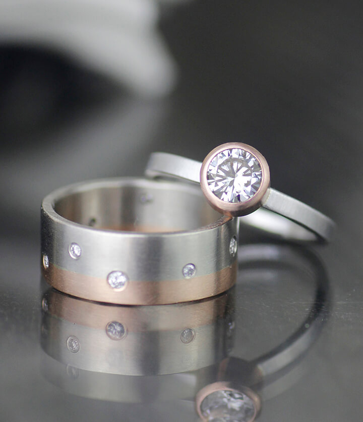 moissanite and lab-grown diamond gender neutral 14k rose gold wedding band set