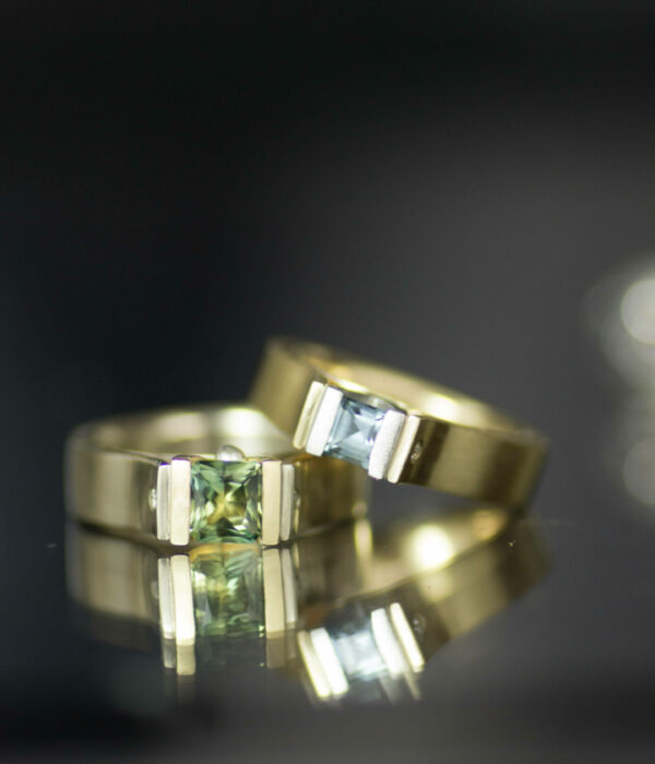 Princess cut Montana sapphire 14K gold mixed metals canyon minimalist engagement rings