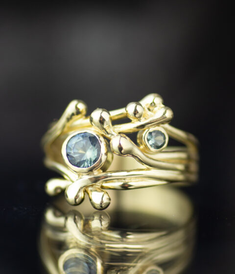 Two Stone Branches Ring In 14k Yellow Gold With Blue Montana Sapphires Scaled