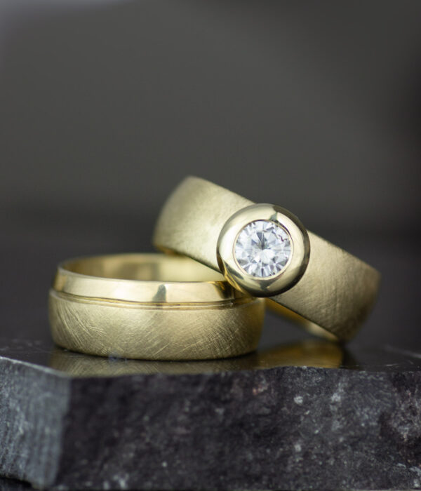 Chunky Solitaire In 14k Yellow Gold Mixed Textures Wedding Band Set Scaled