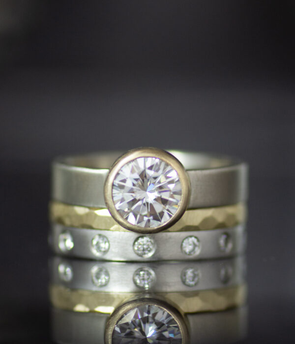14K gold bezel set moissanite mixed metals engagement ring wedding band set scaled