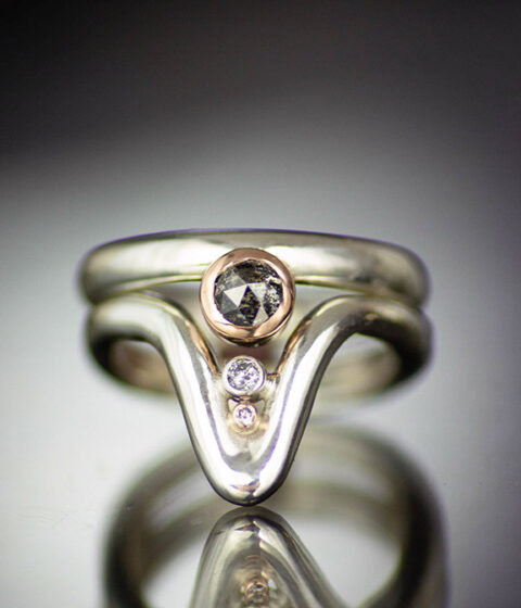 platinum deep wave bezel set salt and pepper rose cut diamond with 14K rose gold bezel wedding set