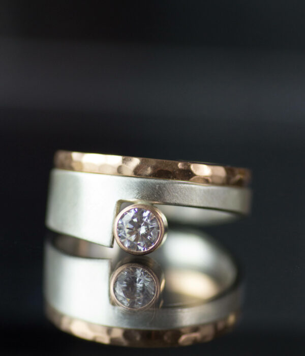 14k rose gold and platinum bezel set moissanite cut out asymmetrical minimalist contemporary engagement ring wedding band set 2