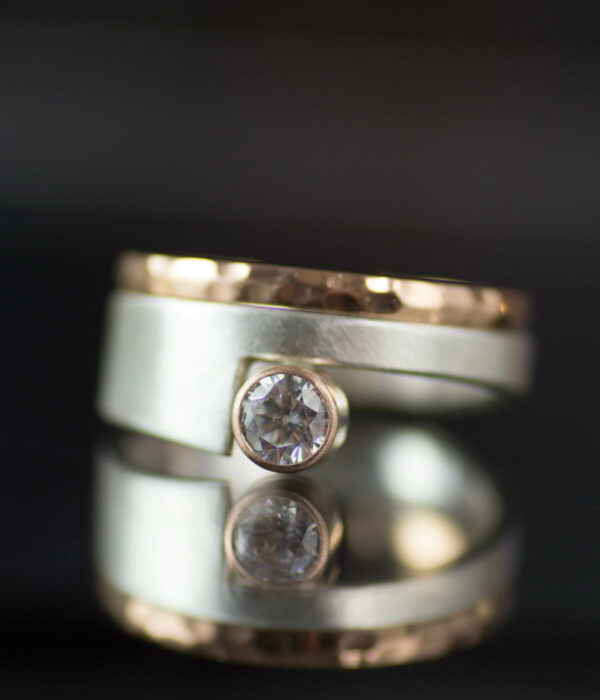 14k rose gold and platinum bezel set moissanite cut out asymmetrical minimalist contemporary engagement ring wedding band set 3