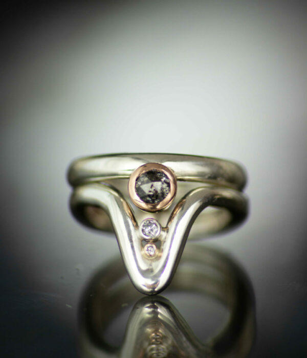 bezel set deep wave salt and pepper rose cut diamond mixed metals engagement ring