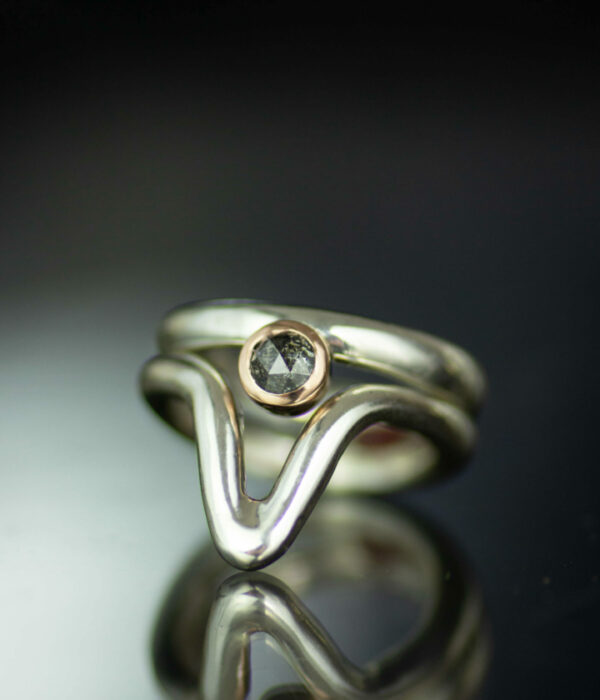deep wave salt and pepper rose cut diamond platinum and 14K rose gold contemporary engagement ring wedding band set