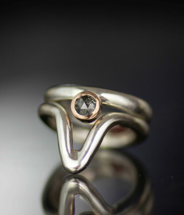 deep wave salt and pepper rose cut diamond platinum and 14K rose gold contemporary wedding band with no stones