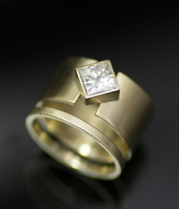 diamond lunar eclipse wide band 14K gold gender neutral moissanite engagement ring wedding band set