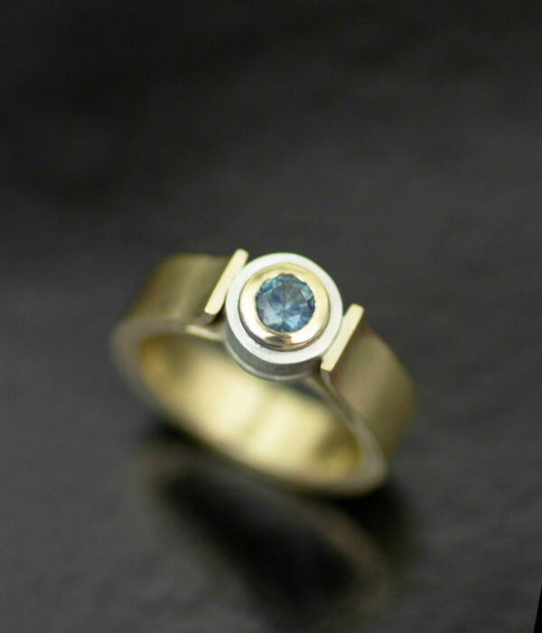 double bezel Montana sapphire 14K gold unique mixed metals engagement ring