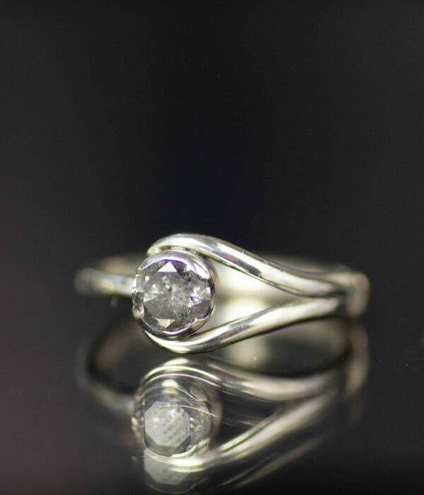 half bezel salt and pepper diamond platinum double orbit modern engagement ring