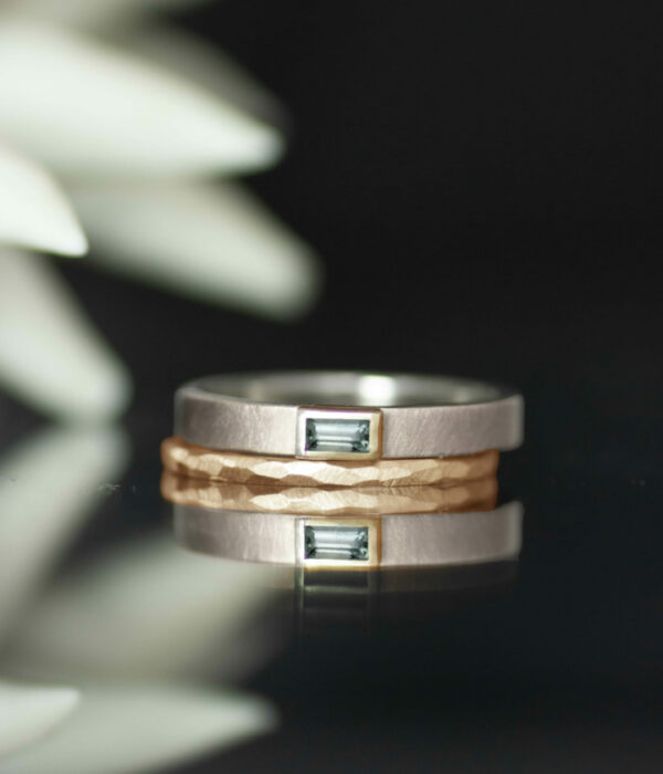 14K rose gold and platinum horizontal Montana sapphire bezel set baguette minimalist engagement ring wedding band set