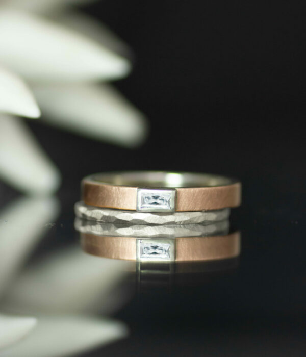 14K rose gold and platinum horizontal moissanite bezel set baguette minimalist engagement ring wedding band set