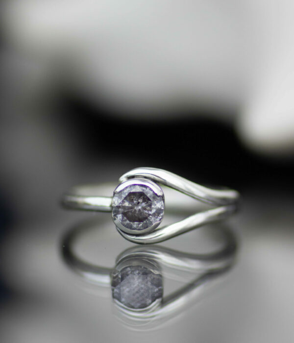 salt and pepper diamond platinum double orbit half bezel minimalist engagement ring