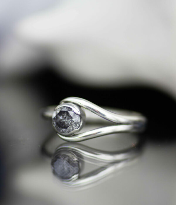 salt and pepper diamond platinum double orbit half bezel modern engagement ring