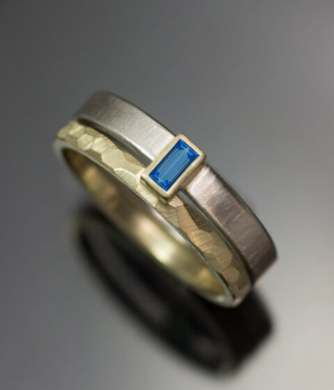 14K white and 14K yellow gold bezel set blue sapphire baguette mixed metals modern engagement ring set