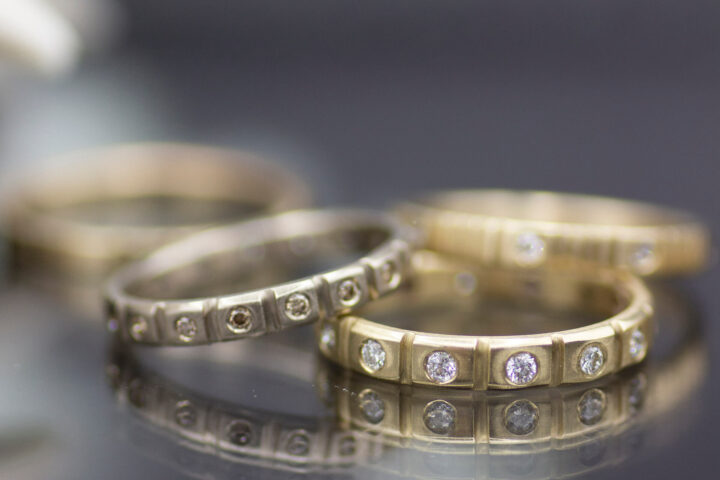14k gold and palladium white gold solaris lab grown diamond eternity wedding bands