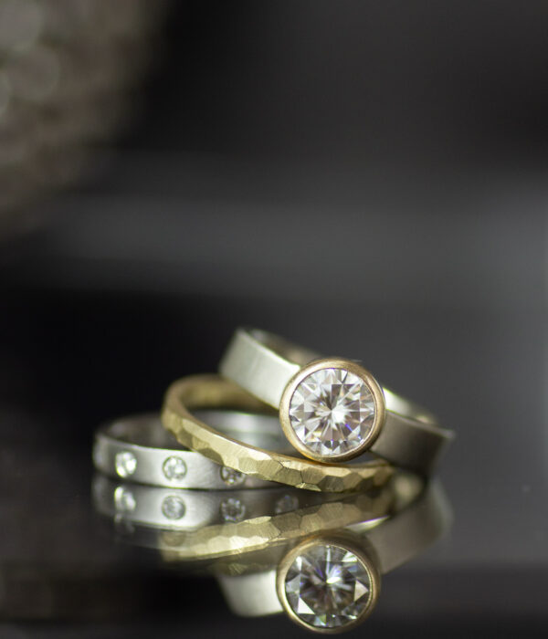 14K gold bezel set moissanite mixed metals engagement ring wedding band ring stacking set