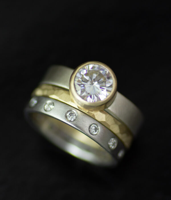 14K mixed metals gold bezel set moissanite mixed metals engagement ring wedding band set scaled