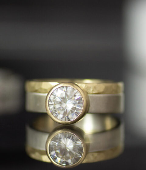 14K gold bezel set moissanite mixed metals engagement ring wedding band ring stacking set scaled