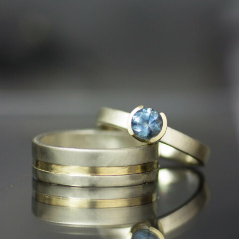 Sapphire mixed metal 14K and sterling silver wide band ring. Size