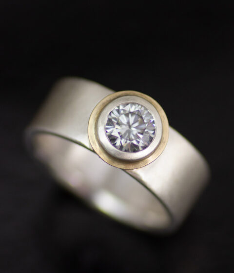 14K gold mixed metals tessellated modern engagement ring with gray moissanite