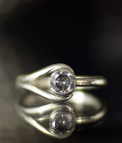 platinum salt and pepper diamond platinum double orbit half bezel modern engagement ring