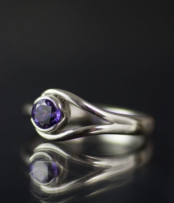 purple sapphire platinum double orbit half bezel modern engagement ring