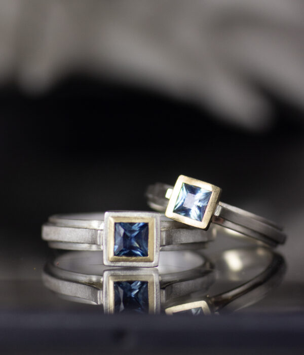14K gold mixed metals square montana sapphire large and small mori alternative engagement ring