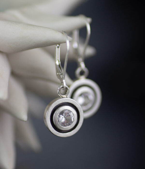 Main Double Circle White Sapphire Sterling Silver Lever Back Dangle Earrings Scaled