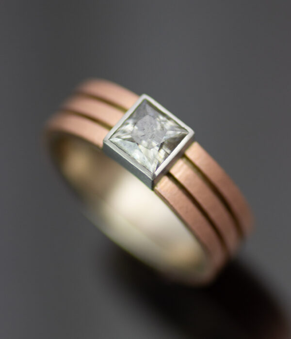 Main Ring Rose Gold And Platinum Square Parallel Lines Ring With Champagne Moissanite Scaled