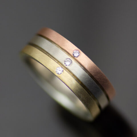 Main Tri Tone Triple Diamond Parallel Lines Mixed Metals Gender Neutral Wedding Band Scaled