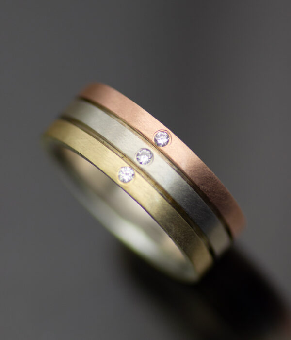 Main Tri Tone Triple Diamond Parallel Lines Mixed Metals Gender Neutral Wedding Band Scaled