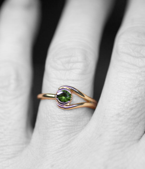 Udpated 14k Yellow Gold Double Orbit Alt Engagement Ring With Dark Green Sapphire.on Hand Scaled