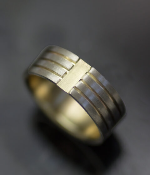 Gender Neutral Wedding Band Mixed Metals Parallel Lines Inverted Tab Band In 14k Yellow And 18k Palladium White Gold Scaled