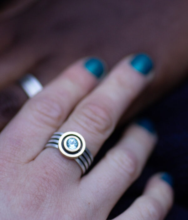 On Hand 2 Intersecting Orbits Mixed Metals Aquamarine Sapphire Alternative Engagemetn Ring Scaled