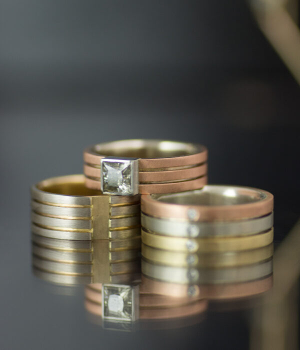 Parallel Lined Modern Engagement And Wedding Ring Collection Stacked Scaled