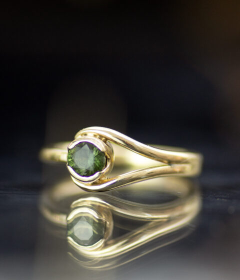 Ring Main 14k Yellow Gold Double Orbit Alt Engagement Ring With Dark Green Sapphire Side View Scaled