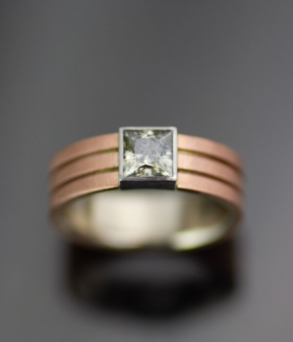 Ring Rose Gold And Platinum Square Parallel Lines Ring With Champagne Moissanite 2 Scaled