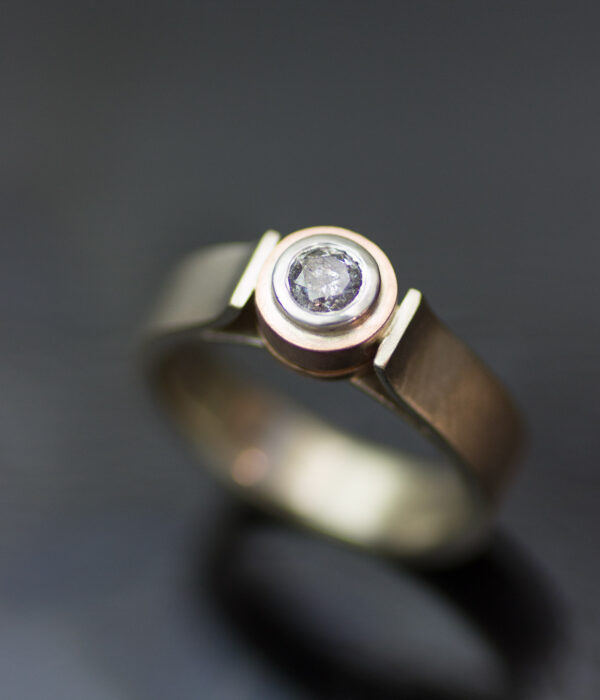Salt And Pepper Diamond 14k White And Rose Gold Double Bezel Canyon Engagement Ring Scaled