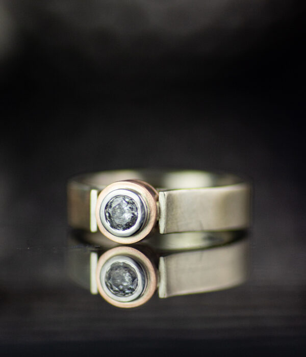 Salt And Pepper Diamond 14k White And Rose Gold Double Bezel Modern Engagement Ring Scaled