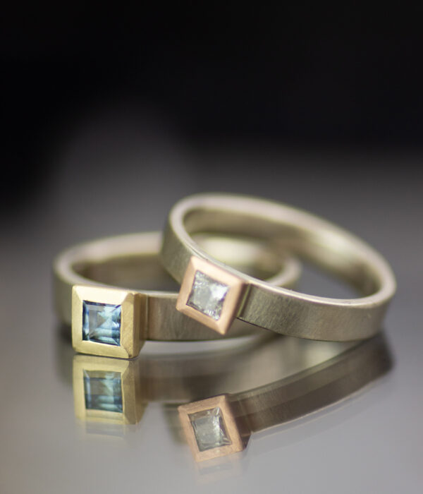 Square Mixed Metals Modern Wedding Band With Diamond Or Sapphire Scaled