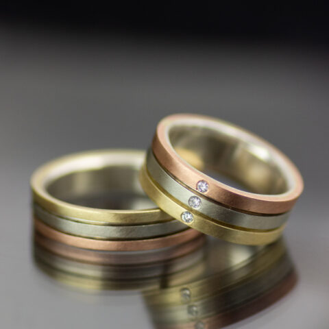 Tri Tone Mixed Metals Parallel Lines Mixed Metals Gender Neutral Wedding Band Set 2 Scaled